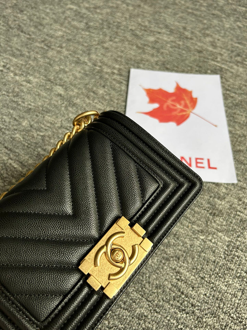 Chanel Boy Bag Small 20 Black Chevron Caviar Gold Hardware