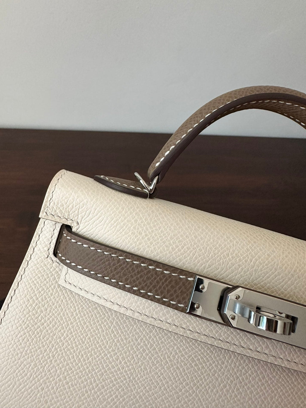Hermes Kelly Mini 20 White Etain Epsom Silver Hardware Bag