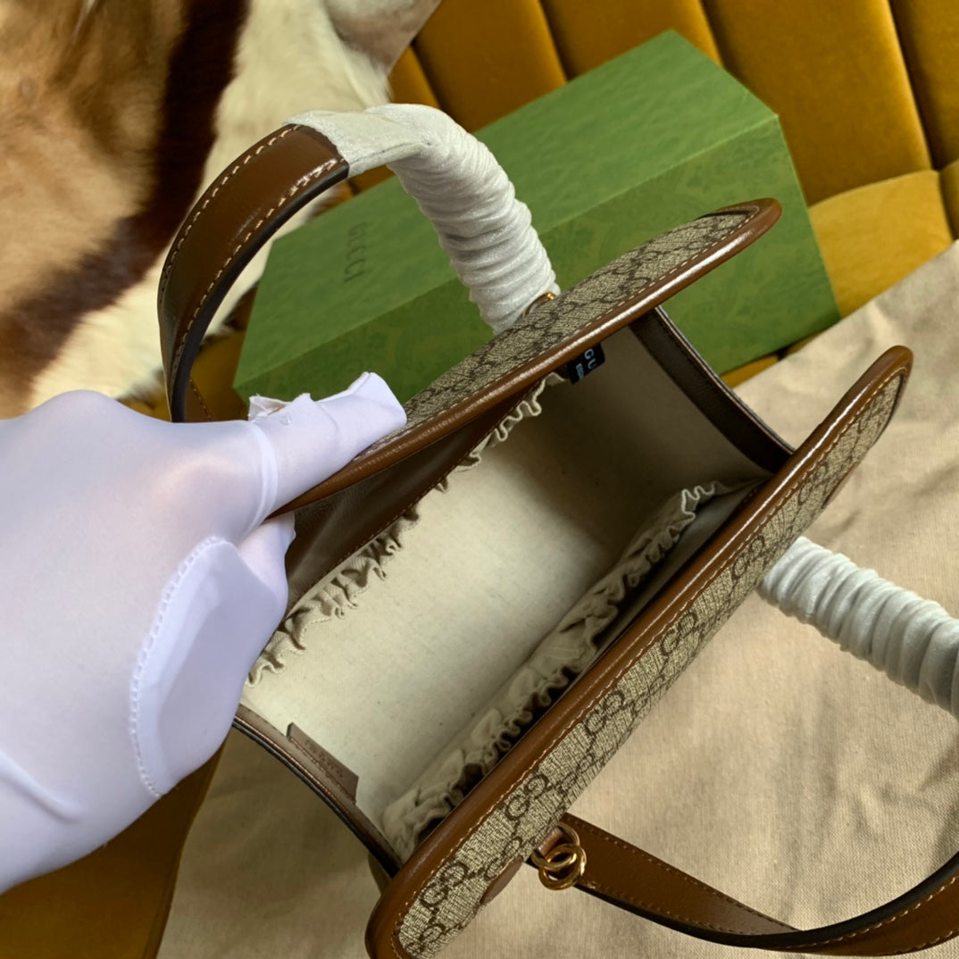 Gucci Horsebit 1955 Mini 23 Bag in Beige Canvas and Brown Calfskin