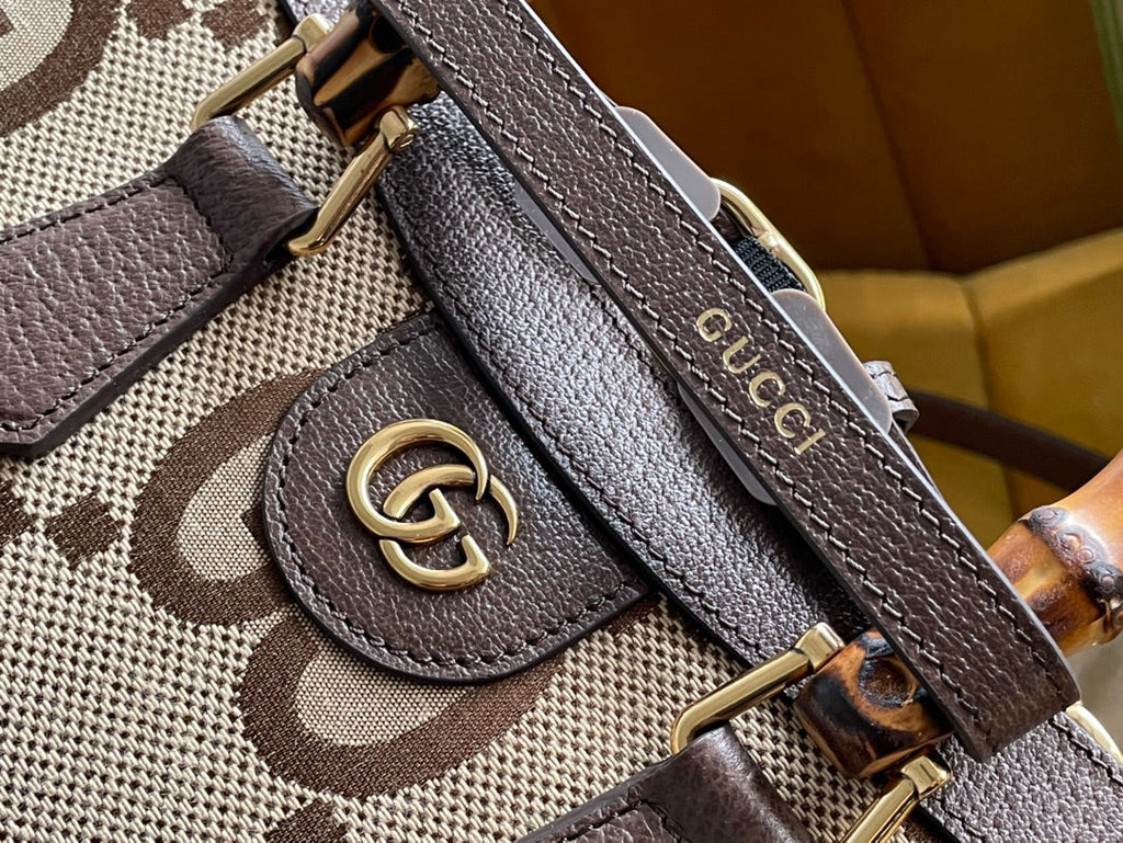 Gucci Diana 27 Mini Tote Bag in Beige Canvas and Brown Calfskin