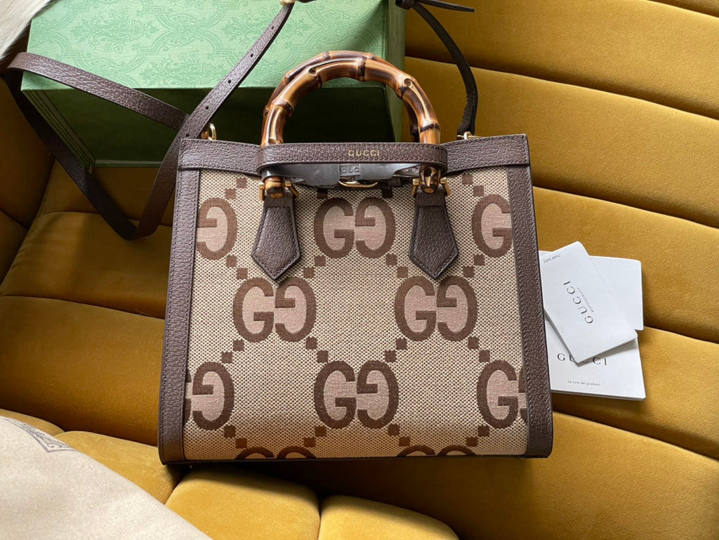 Gucci Diana 27 Mini Tote Bag in Beige Canvas and Brown Calfskin