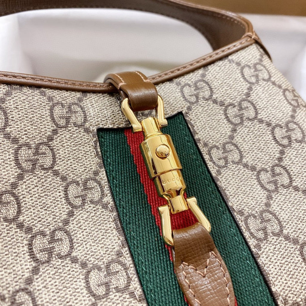Gucci Jackie 1961 Mini 19 Shoulder Bag in Beige Canvas and Brown Calfskin