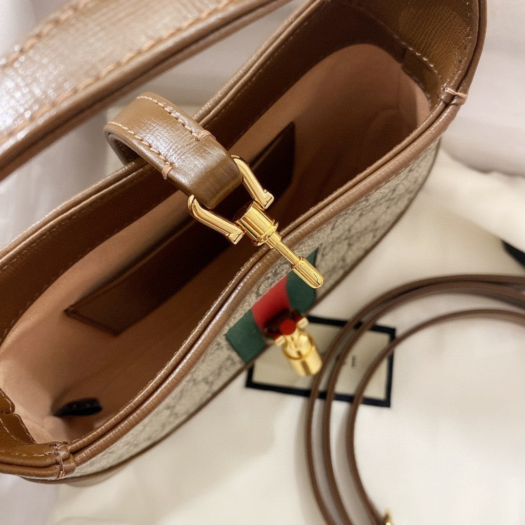 Gucci Jackie 1961 Mini 19 Shoulder Bag in Beige Canvas and Brown Calfskin