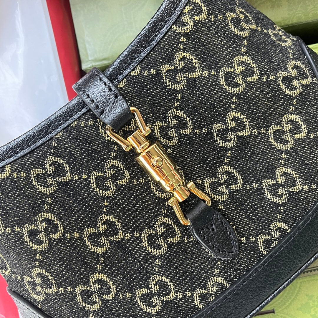 Gucci Jackie 1961 Small Handbag 19 in Black Yellow Denim and Black Calfskin Trim Gold Hardware