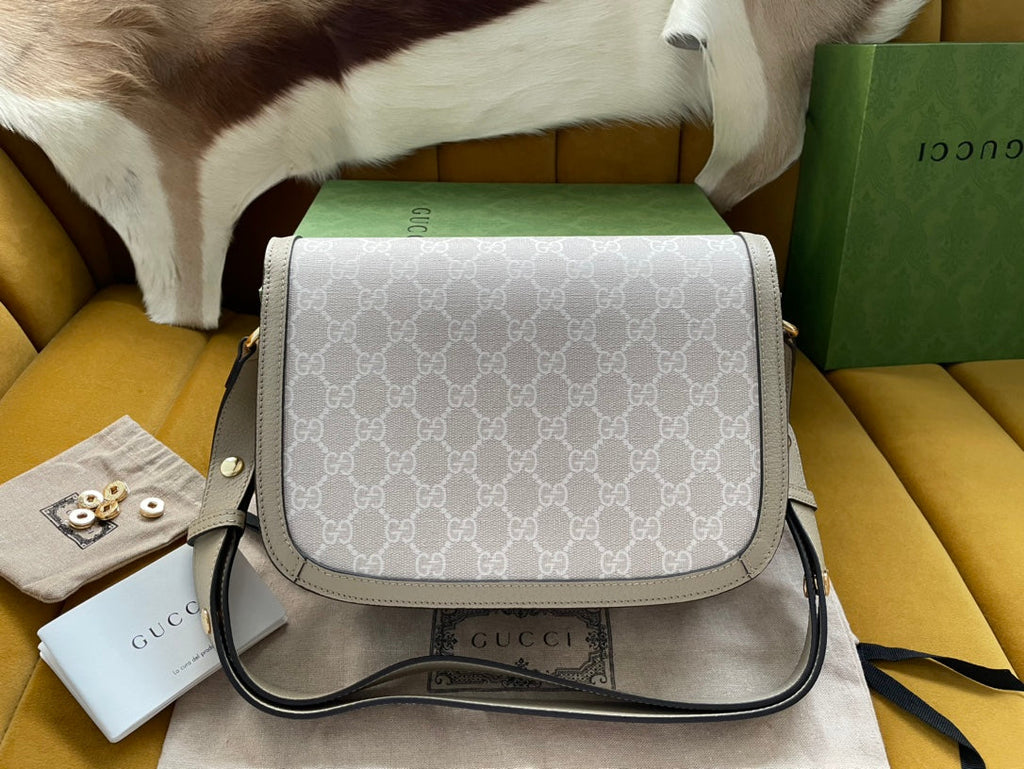 Gucci Horsebit 1955 Saddle Bag 25 in White Canvas and Beige Calfskin