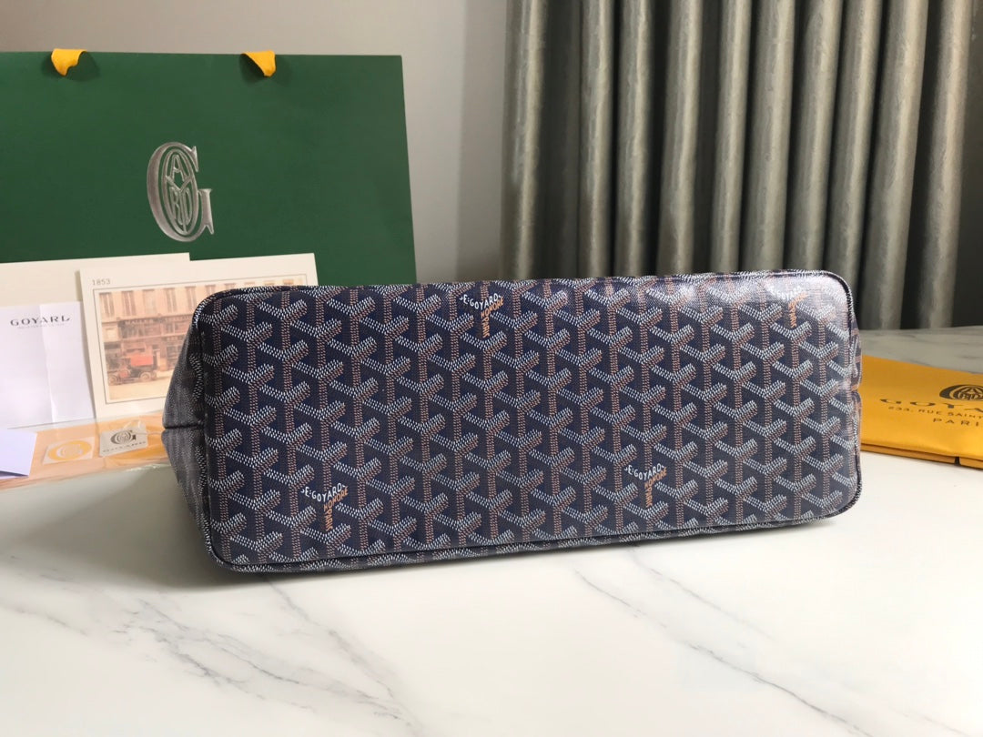 Goyard Chien Gris Bag 33 in Navy Blue Goyardine Canvas and Tan Calfskin Trim