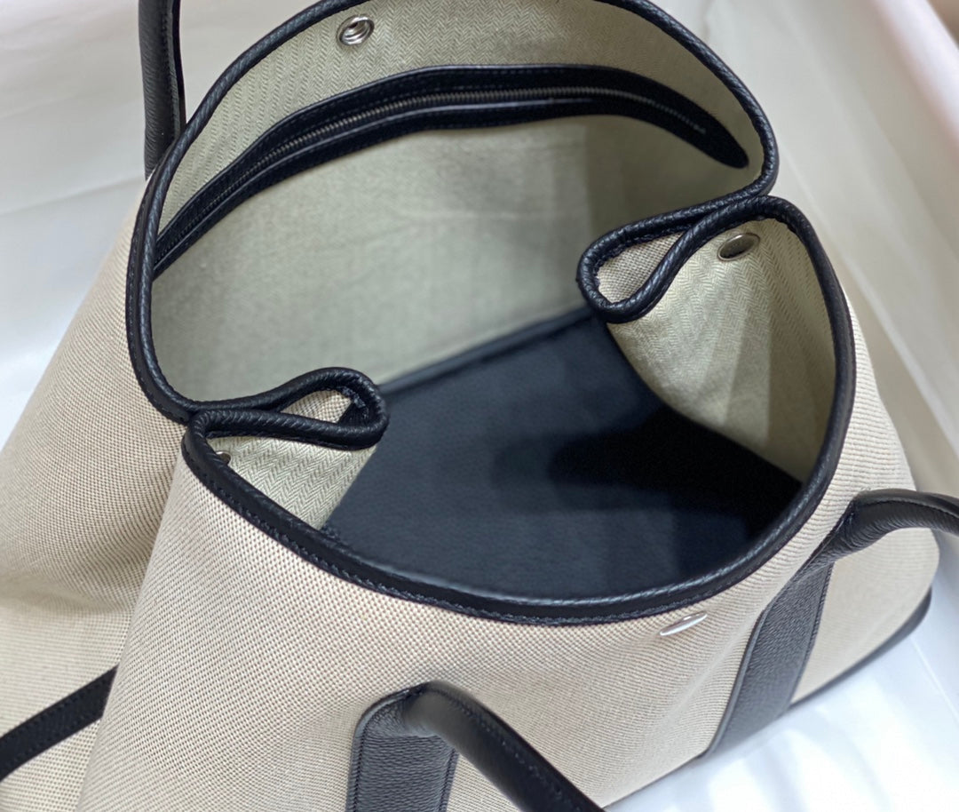Hermes Garden Party 36cm in White Toilets Cotton Canvas and Black Calfskin Bag