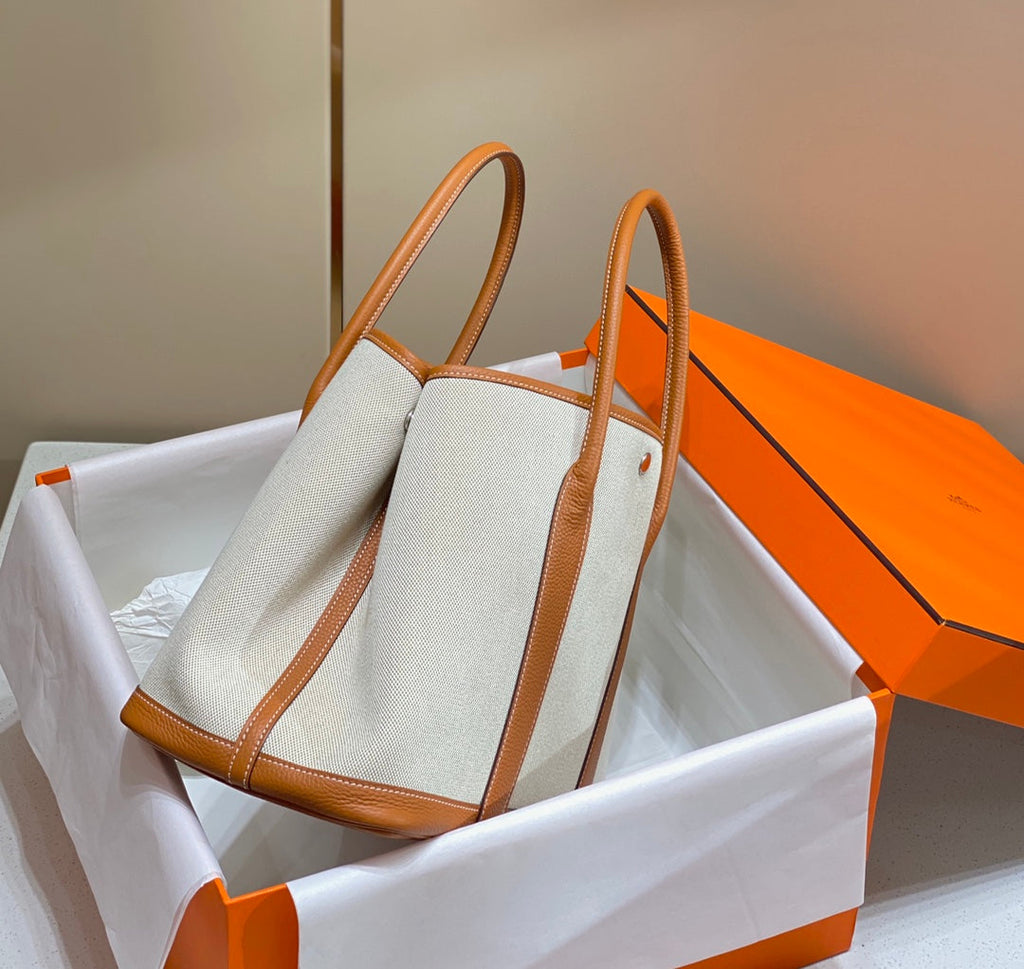 Hermes Garden Party 36cm in White Toilets Cotton Canvas and Brown Calfskin Bag