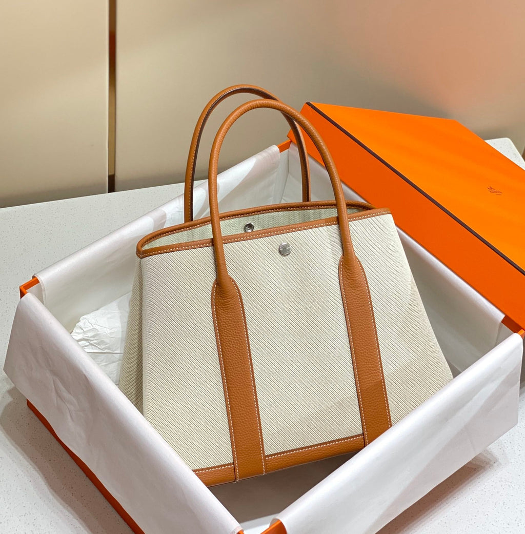 Hermes Garden Party 36cm in White Toilets Cotton Canvas and Brown Calfskin Bag