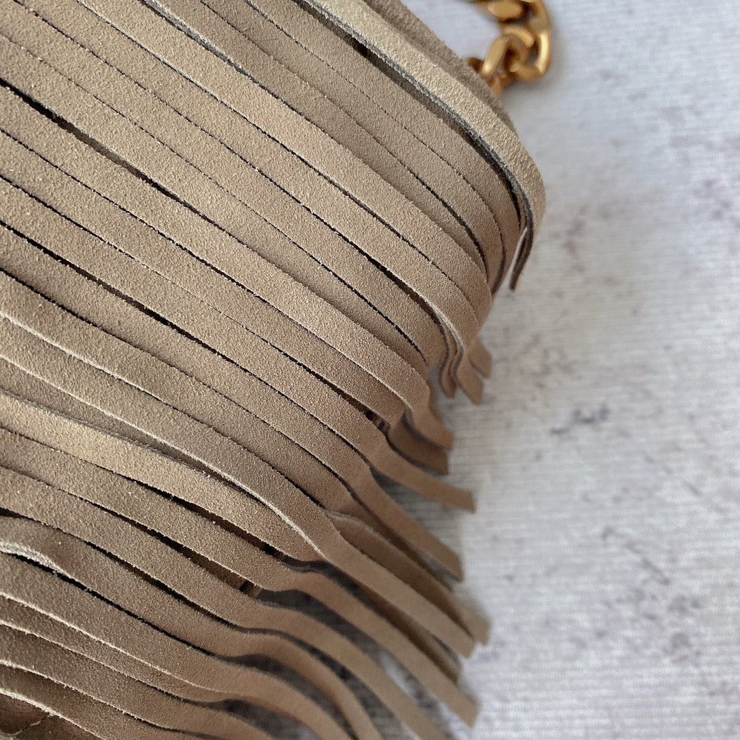 Saint Laurent College Tassel 24 in Light Fawn Suede Gold Hardware Bag
