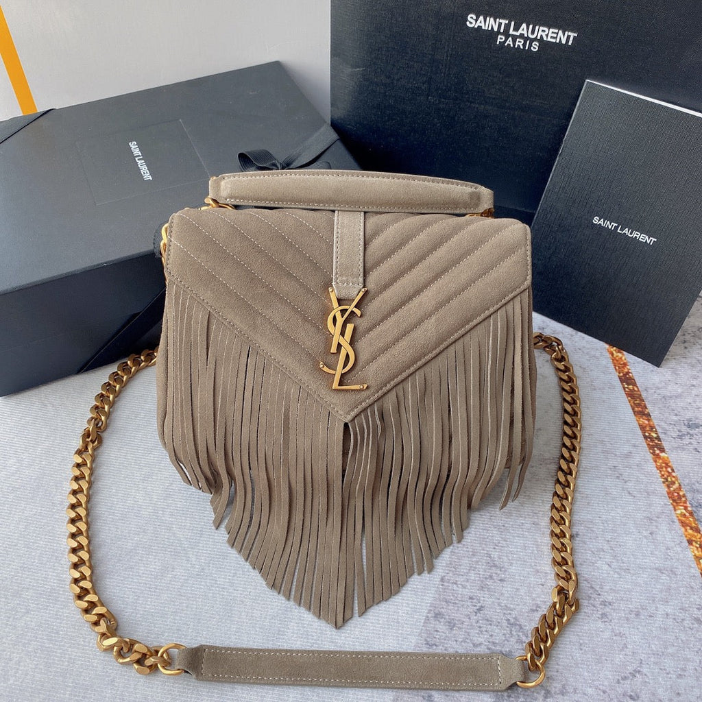 Saint Laurent College Tassel 24 in Light Fawn Suede Gold Hardware Bag
