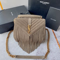 Saint Laurent College Tassel 24 in Light Fawn Suede Gold Hardware Bag