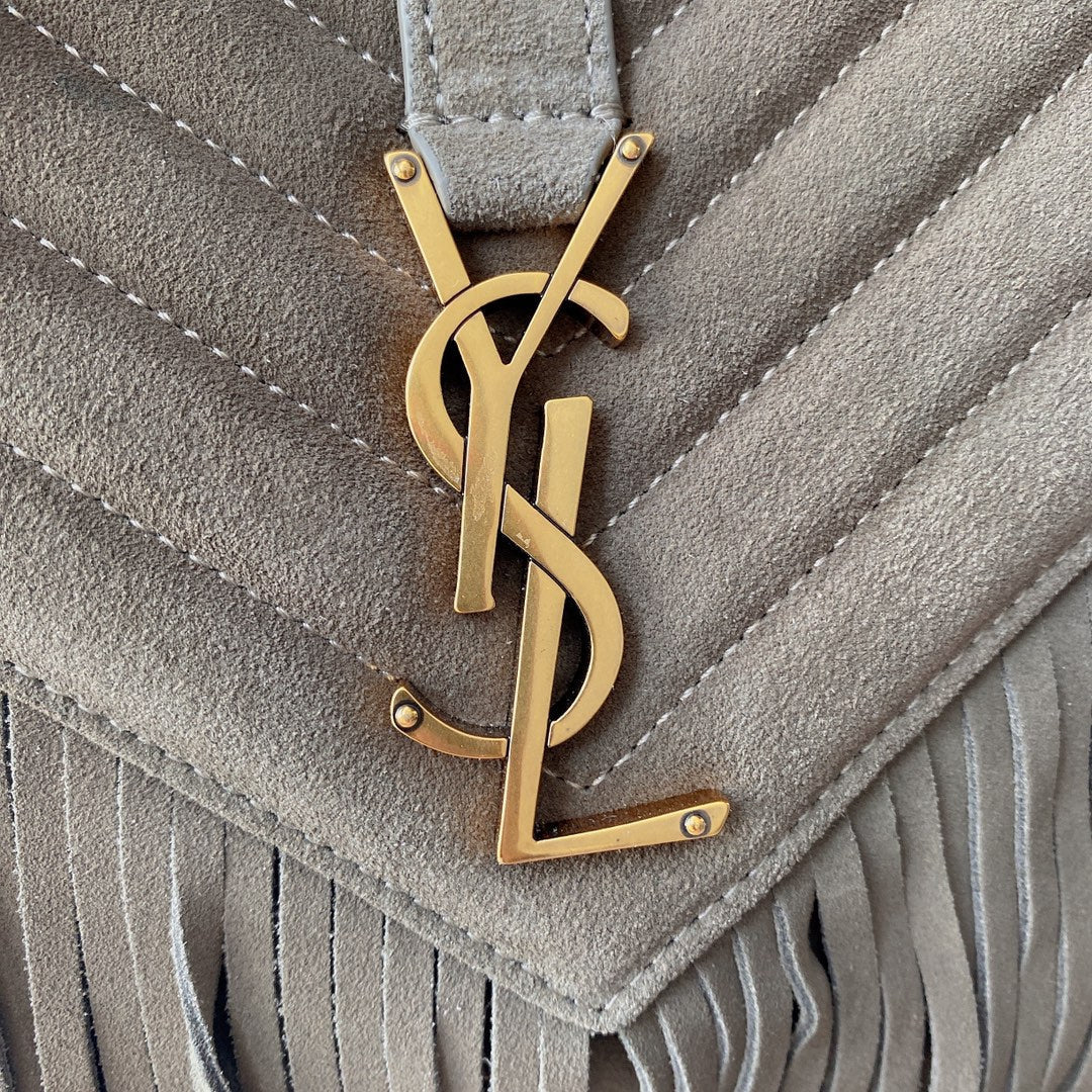 Saint Laurent College Tassel 24 in Light Fawn Suede Gold Hardware Bag