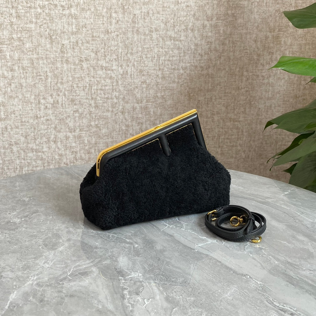 Fendi First Mini 26 Bag in Black Wool with Gold Hardware