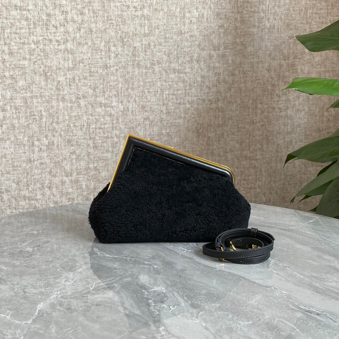 Fendi First Mini 26 Bag in Black Wool with Gold Hardware