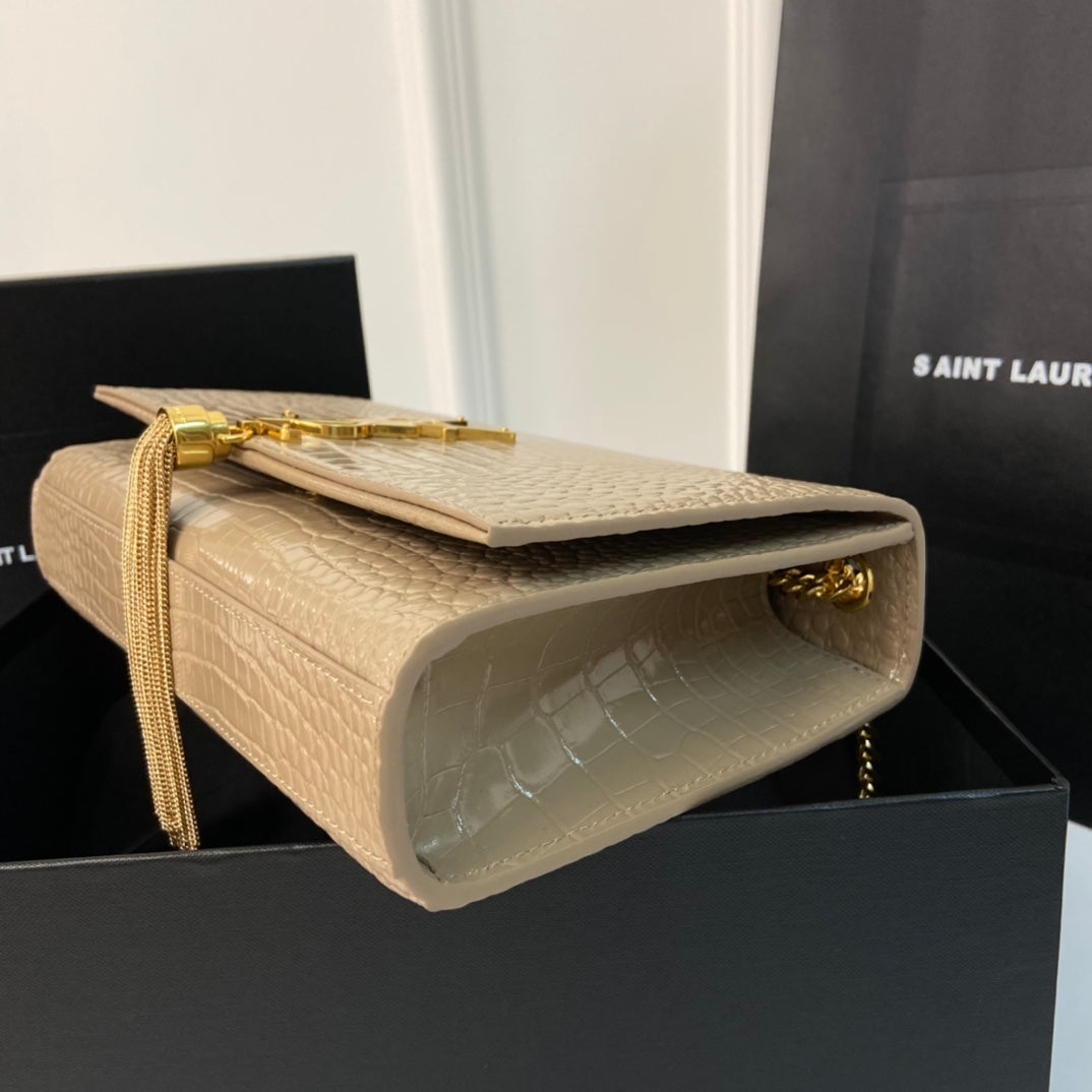 Saint Laurent Kate Tassel 24 Crocodile Pattern Calfskin Beige Cream with Gold Logo Bag