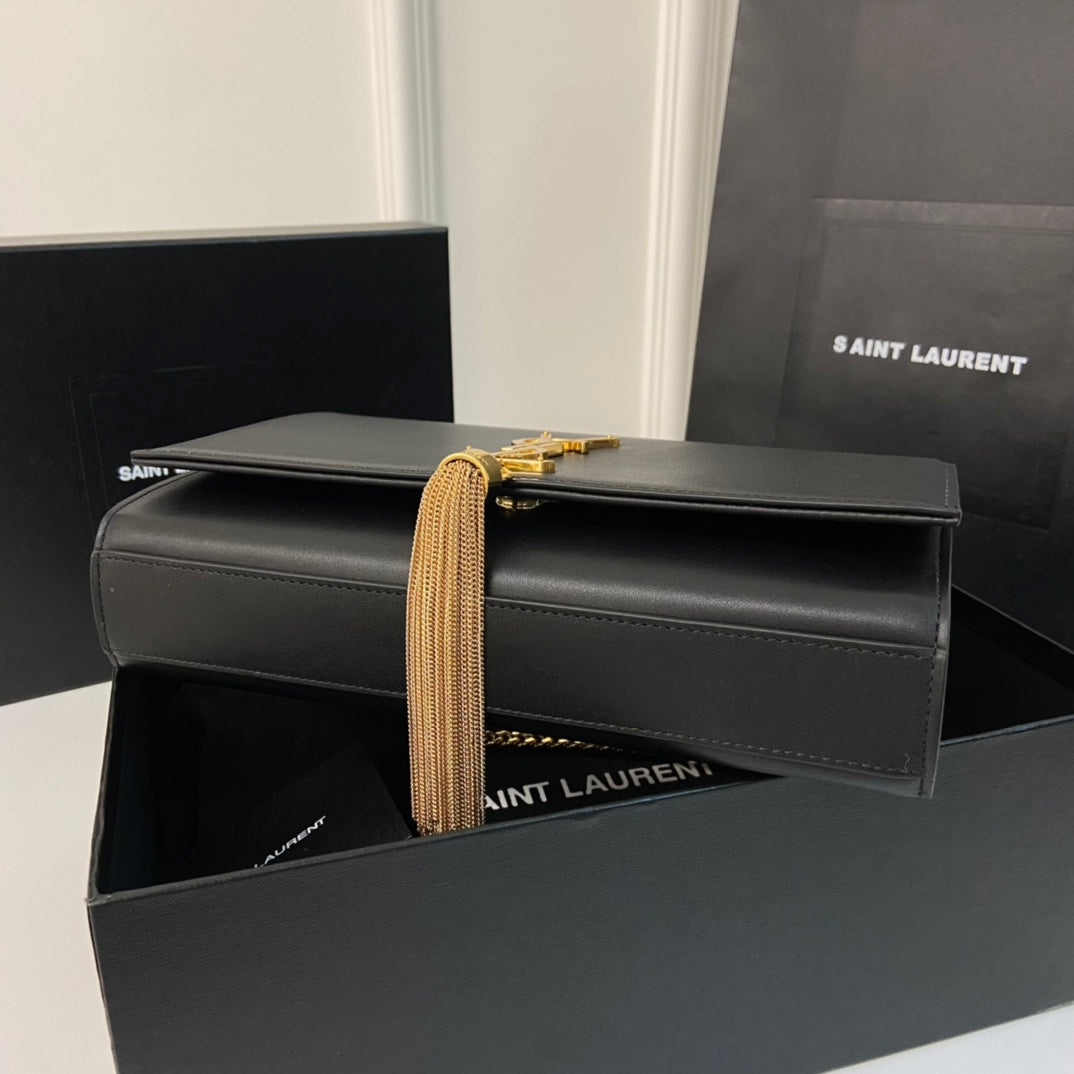 Saint Laurent Kate Tassel 24 Black Calfskin with Gold Logo Bag