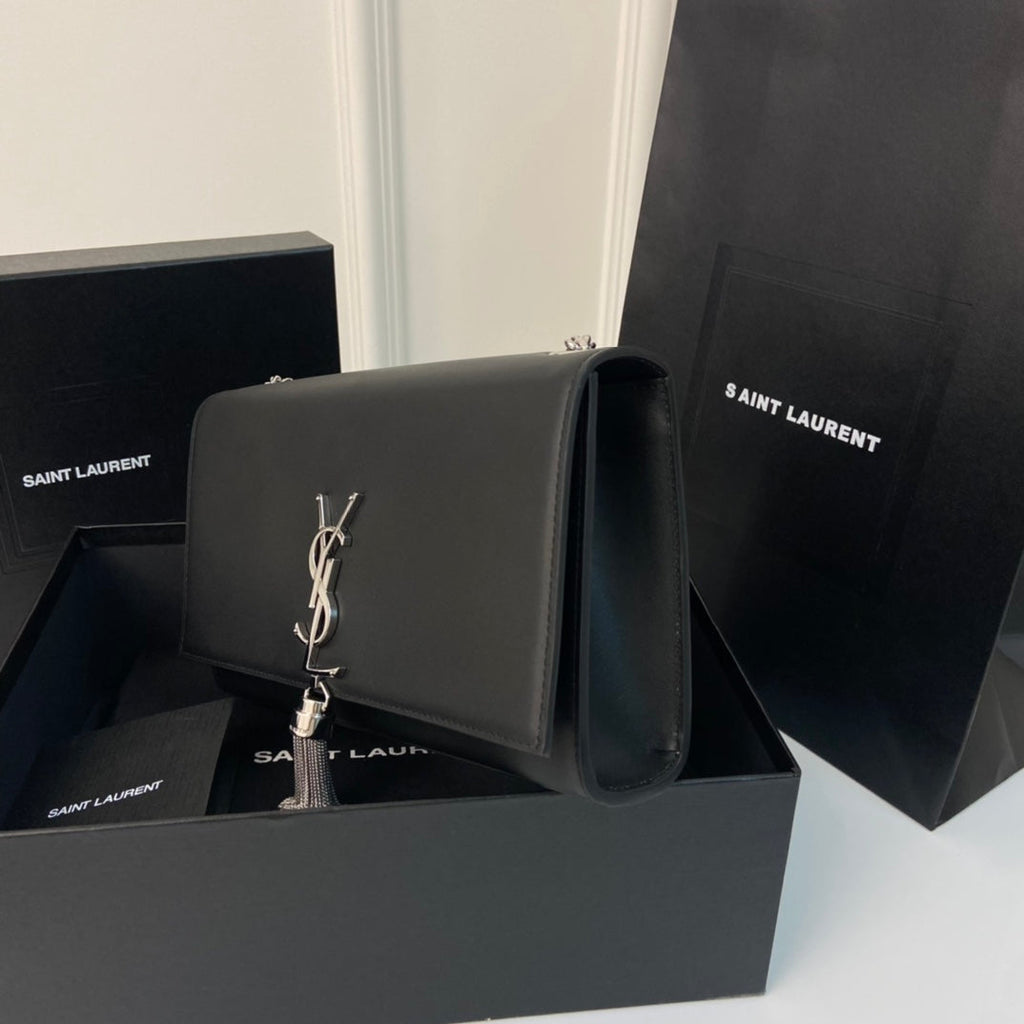 Saint Laurent Kate Tassel 24 Black Calfskin with Silver Logo Bag