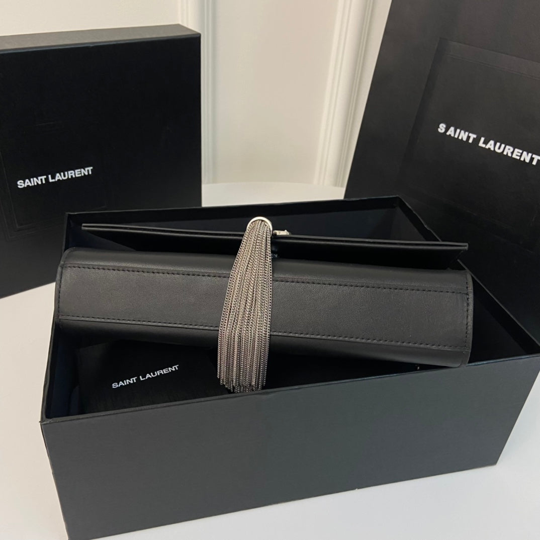 Saint Laurent Kate Tassel 24 Black Calfskin with Silver Logo Bag