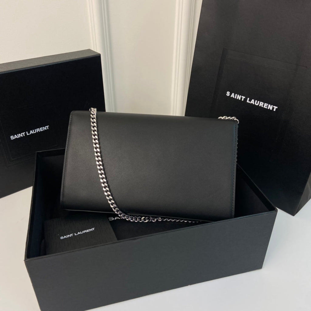 Saint Laurent Kate Tassel 24 Black Calfskin with Silver Logo Bag