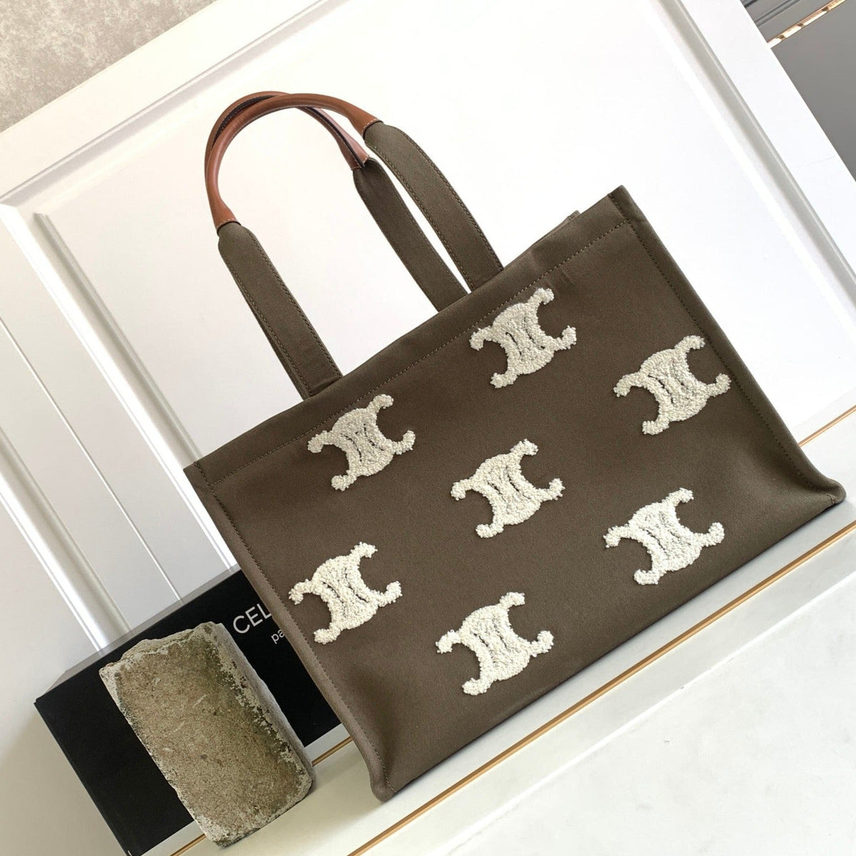 Celine Dark Brown 41 Canvas Tote Logo Letter