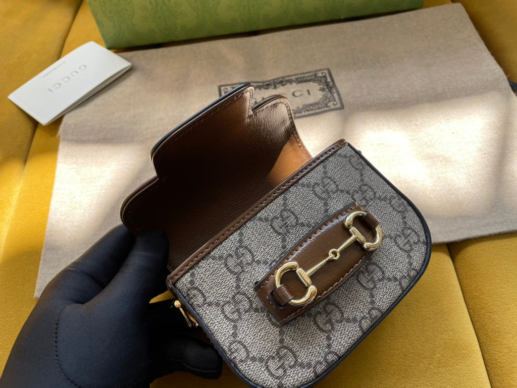 Gucci 12 Horsebit 1955 Super Mini Bag Beige Canvas and Ebony Calfskin