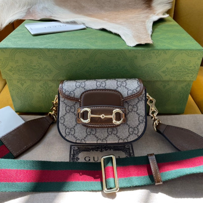 Gucci 12 Horsebit 1955 Super Mini Bag Beige Canvas and Ebony Calfskin