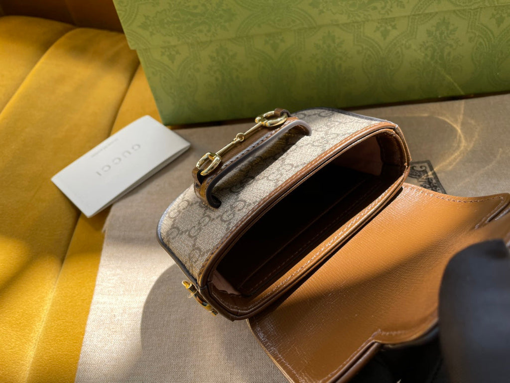 Gucci 12 Horsebit 1955 Super Mini Bag Beige Canvas and Ebony Calfskin
