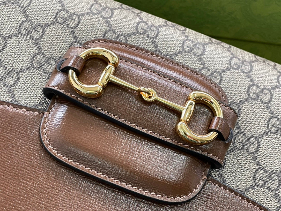 Gucci Horsebit 1955 Small 29 Bag Beige Canvas and Light Brown Calfskin