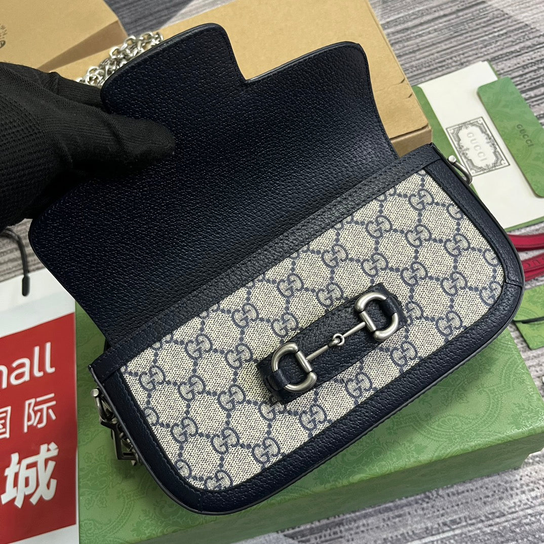 Gucci Horsebit 1955 Bag 24 in Beige Canvas and Black Calfskin