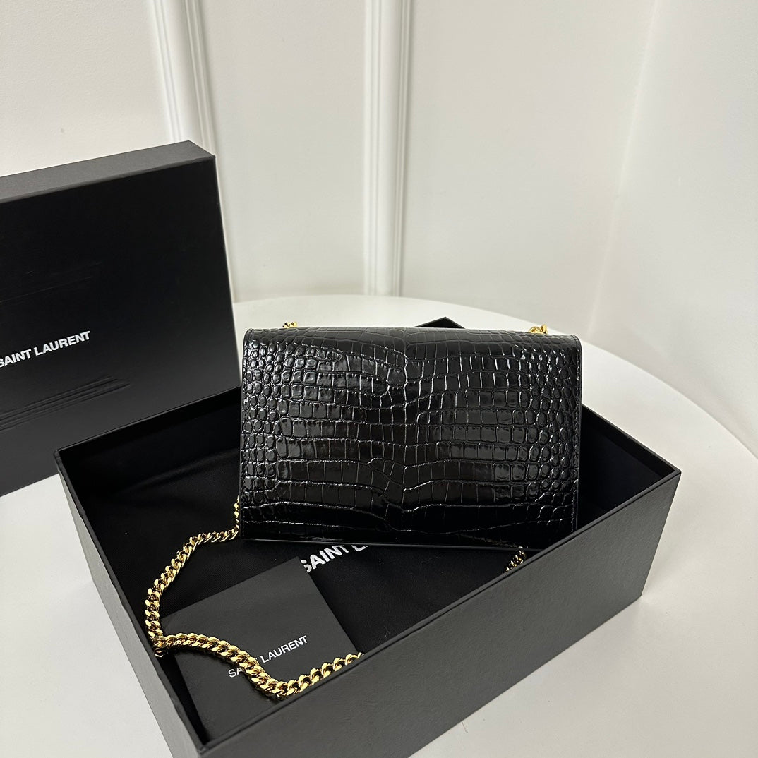 Saint Laurent Kate Tassel 20 Black Crocodile Pattern Calfskin with Gold Logo Bag