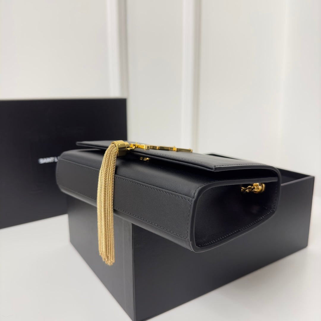 Saint Laurent Kate Tassel 20 Black Calfskin with Gold Logo Bag