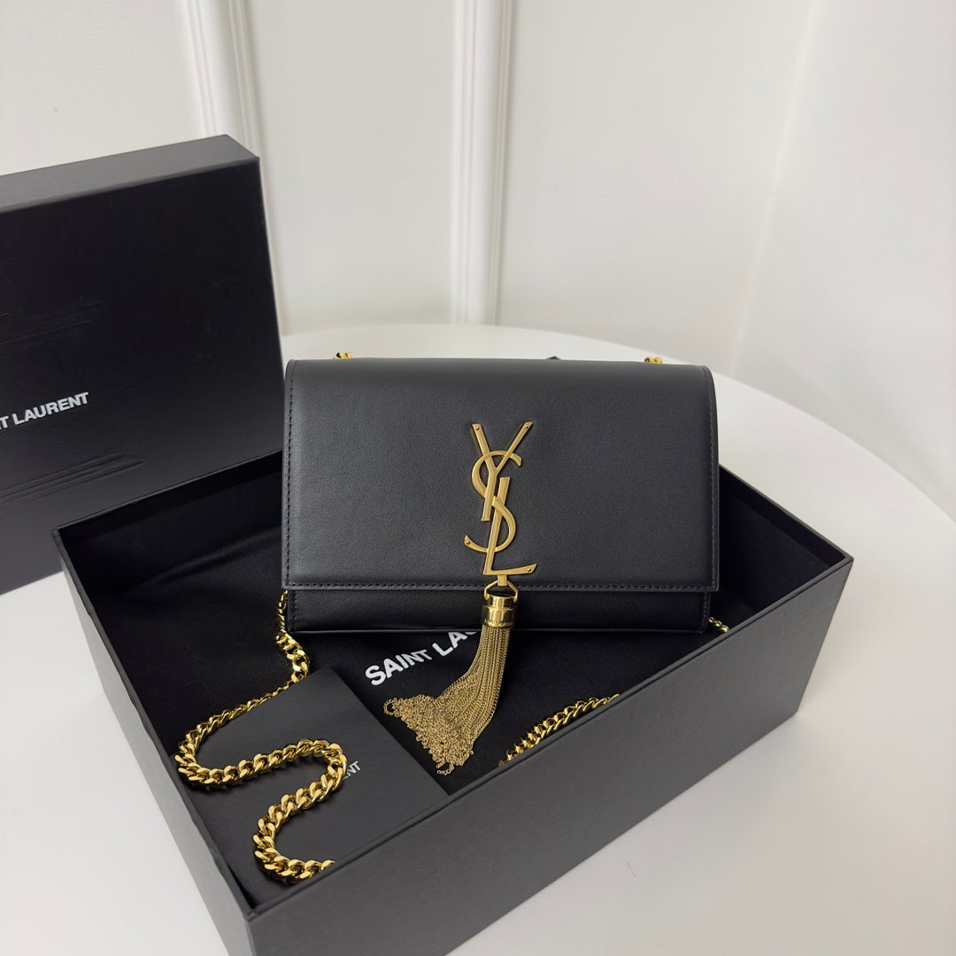 Saint Laurent Kate Tassel 20 Black Calfskin with Gold Logo Bag