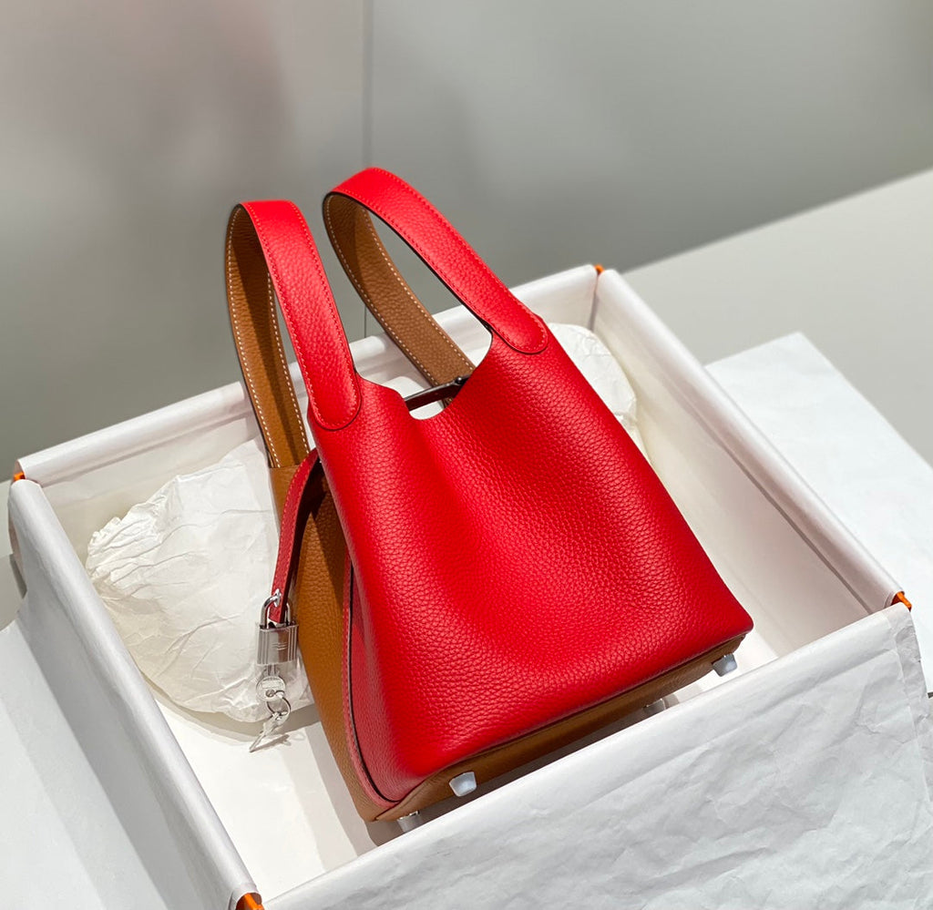 Hermes 25S Picotin Lock 18 in Golden Brown and Red Calfskin Silver Hardware Bag