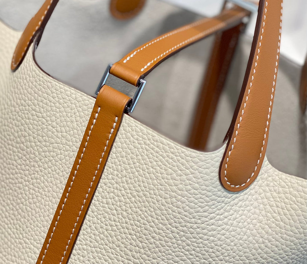 Hermes 25S Picotin Lock 18 in Burnt Orange and Ivory Calfskin Silver Hardware Bag