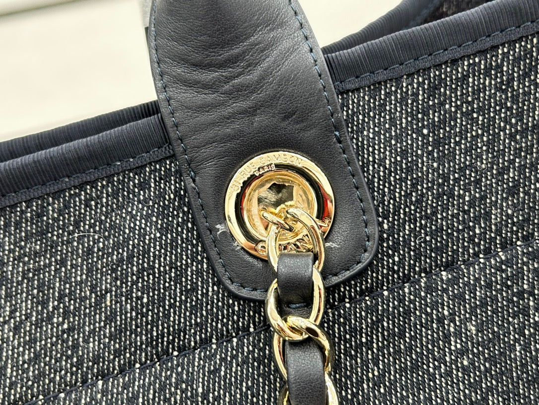 Chanel Deauville Large 38 Tote Bag in Dark Navy Canvas with White Logo Embroidered