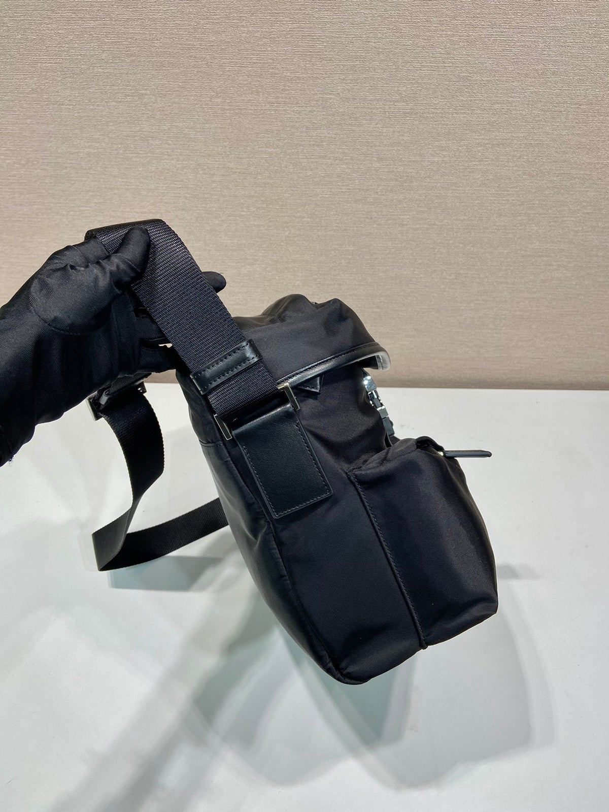 Prada Crossbody Bag 29 in Black Re-Nylon and Calfskin Trim