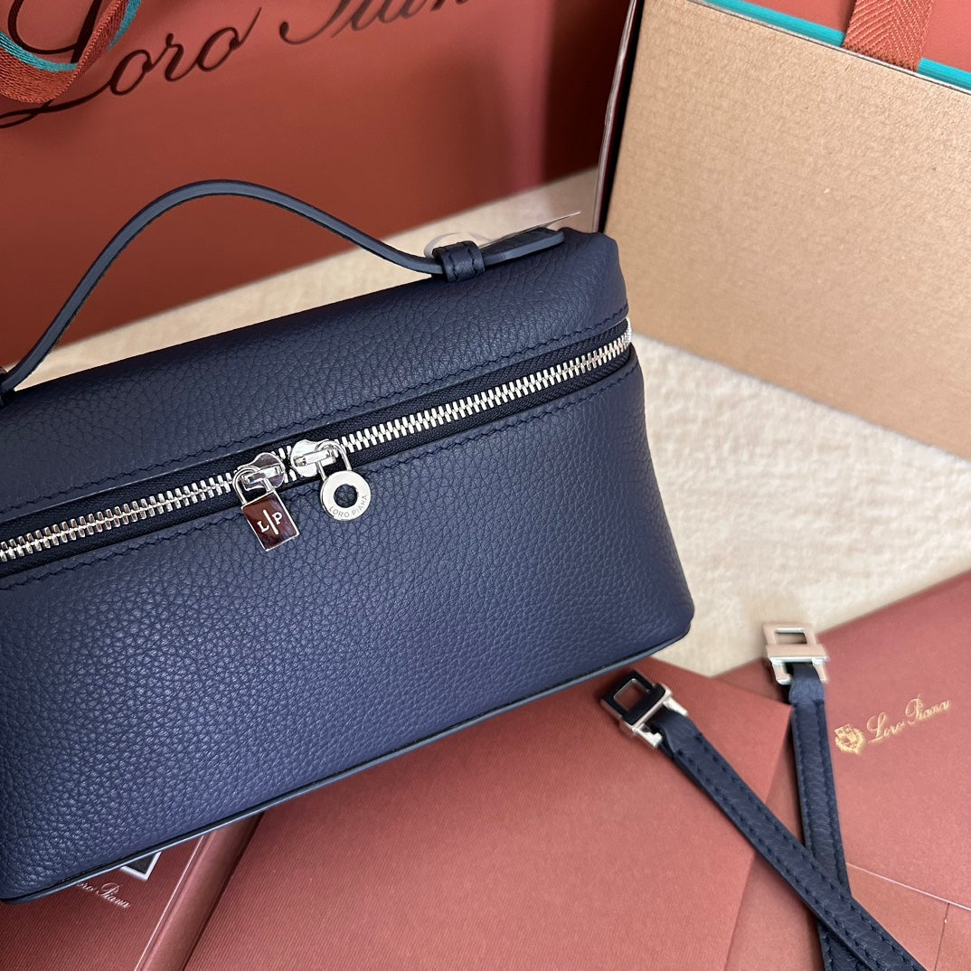 Loro Piana Extra Pocket L19 in Navy Blue Grained Calfskin with Silver Hardware Bag