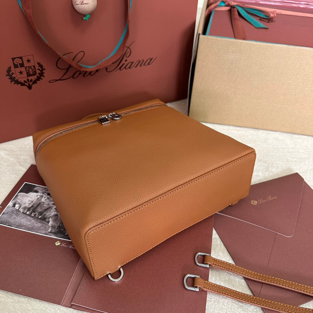 Loro Piana Extra Pocket Backpack L23.5 in Ginger Orange Calfskin with Silver Hardware