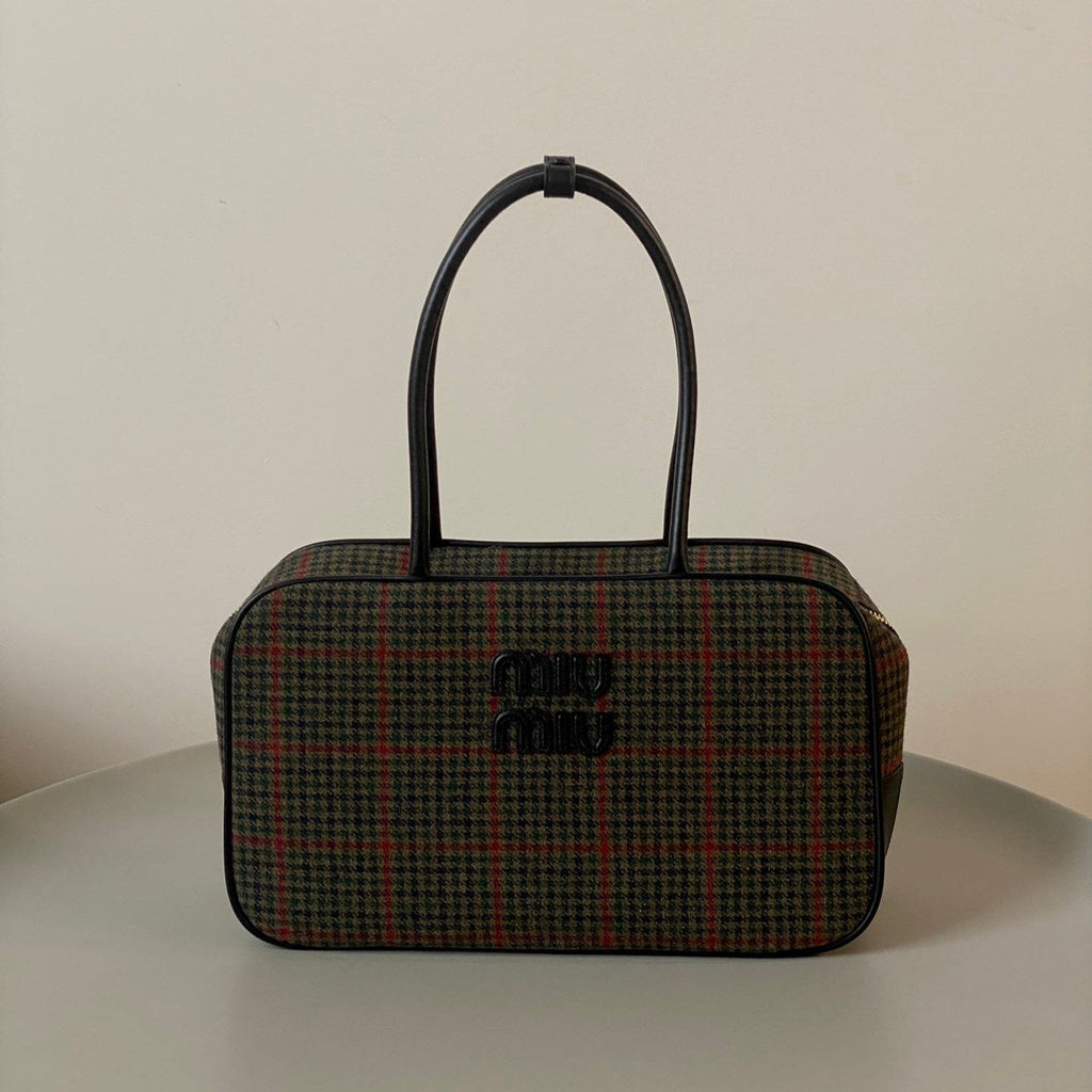 Beau Top Handle Bag 34 in Loden Green Tartan and Black Leather Trim