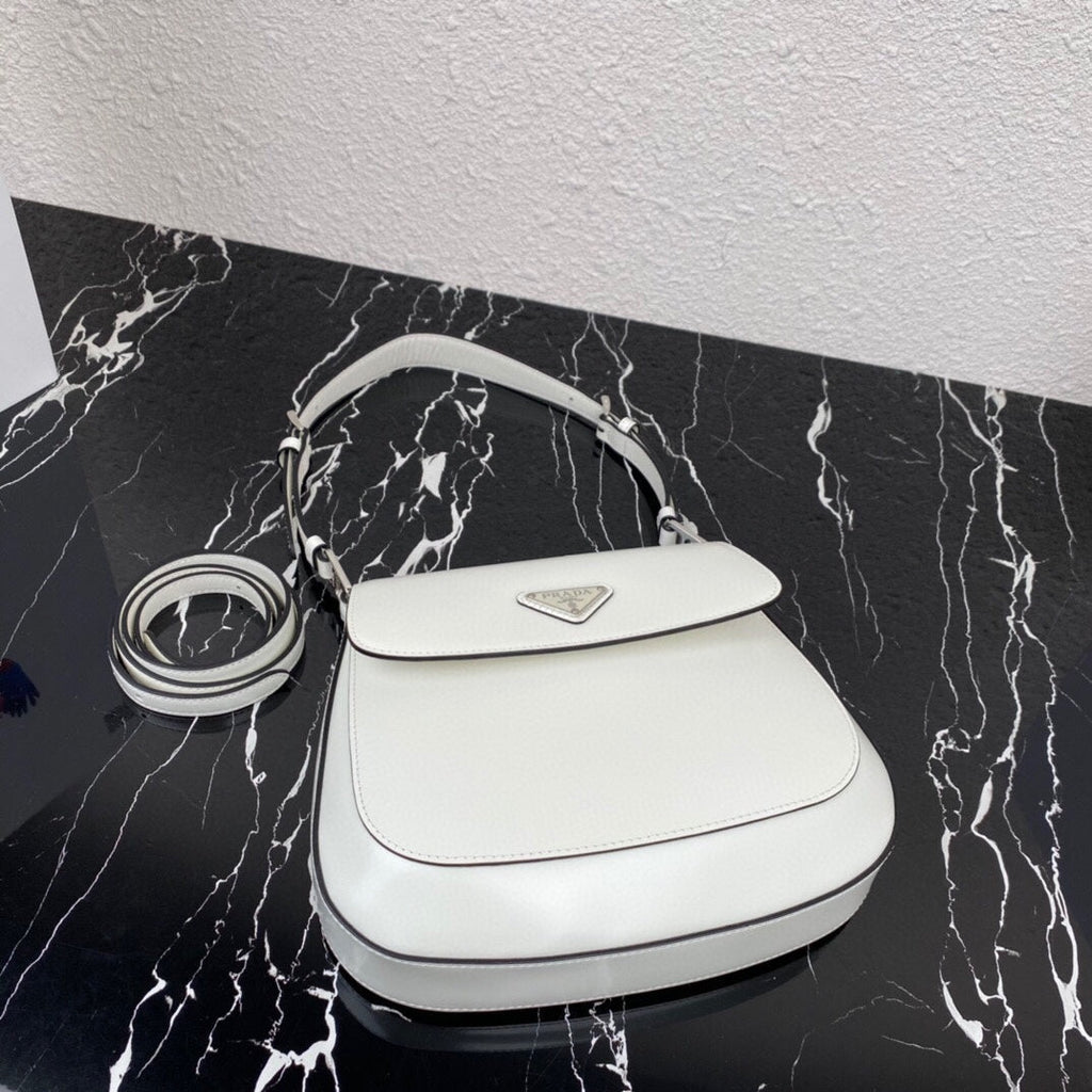 Prada Cleo 24 White Black Brushed Leather Shoulder Bag