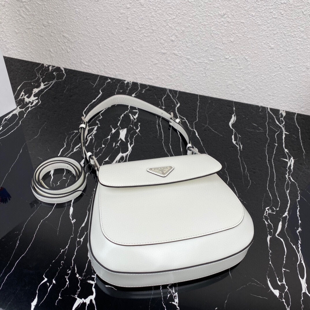 Prada Cleo 24 White Black Brushed Leather Shoulder Bag