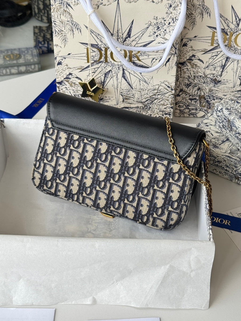Dior 25S Medium Saddle Pouch with Chain 21 in Blue Black Dior Oblique Jacquard Canvas and Calfskin
