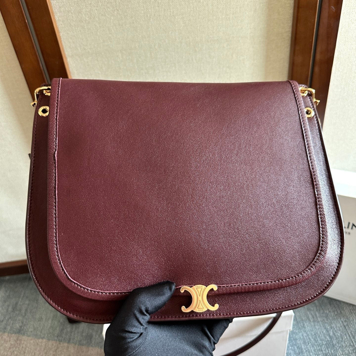 Celine 25S Besace Soft Triomphe 32mm in Syrah Red Supple Shiny Lambskin Bag