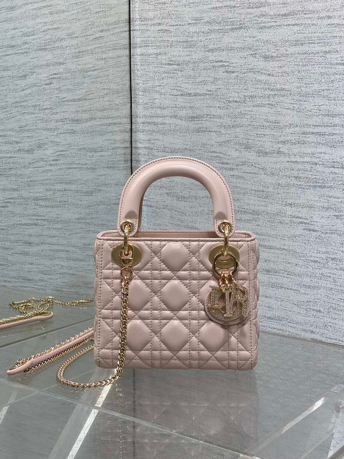 Dior 25S Mini Lady Bag 17 in Pink Calfskin Charm Crystal Embellishments