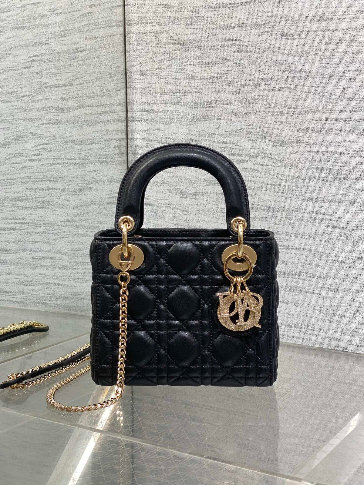 Dior 25S Mini Lady Bag 17 in Black Calfskin Charm Crystal Embellishments