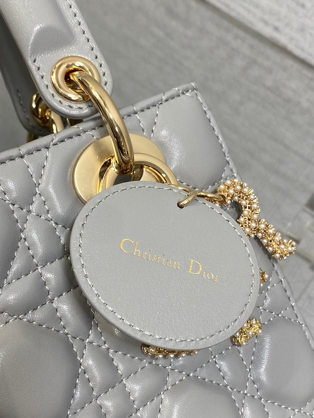 Dior 25S Lady Bag 20 in Dark Gray Calfskin Charm Pearl Embellishments