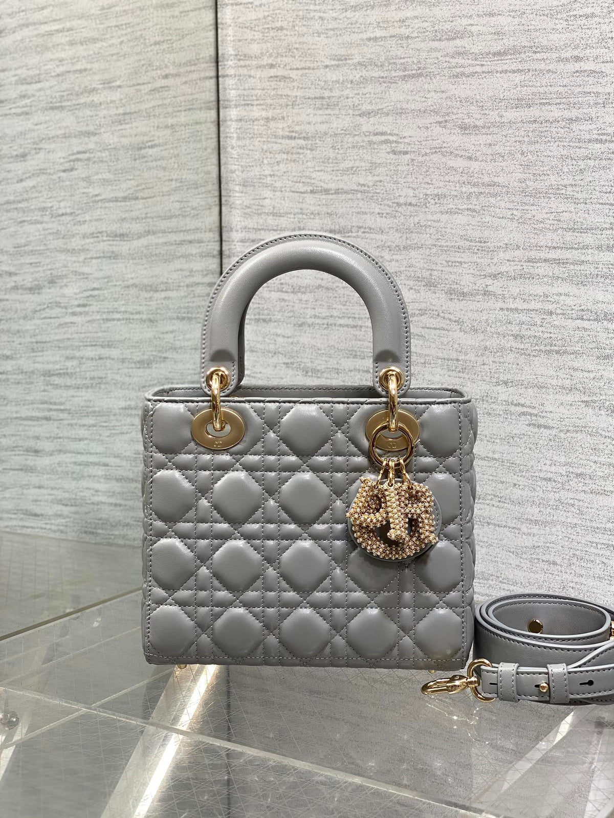 Dior 25S Lady Bag 20 in Dark Gray Calfskin Charm Pearl Embellishments