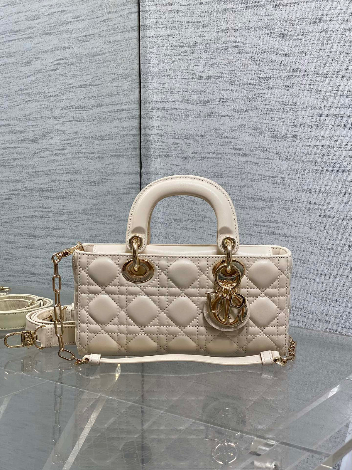 Dior 25S Small Lady D-Joy 22 in Beige Lambskin Gold Hardwre Bag