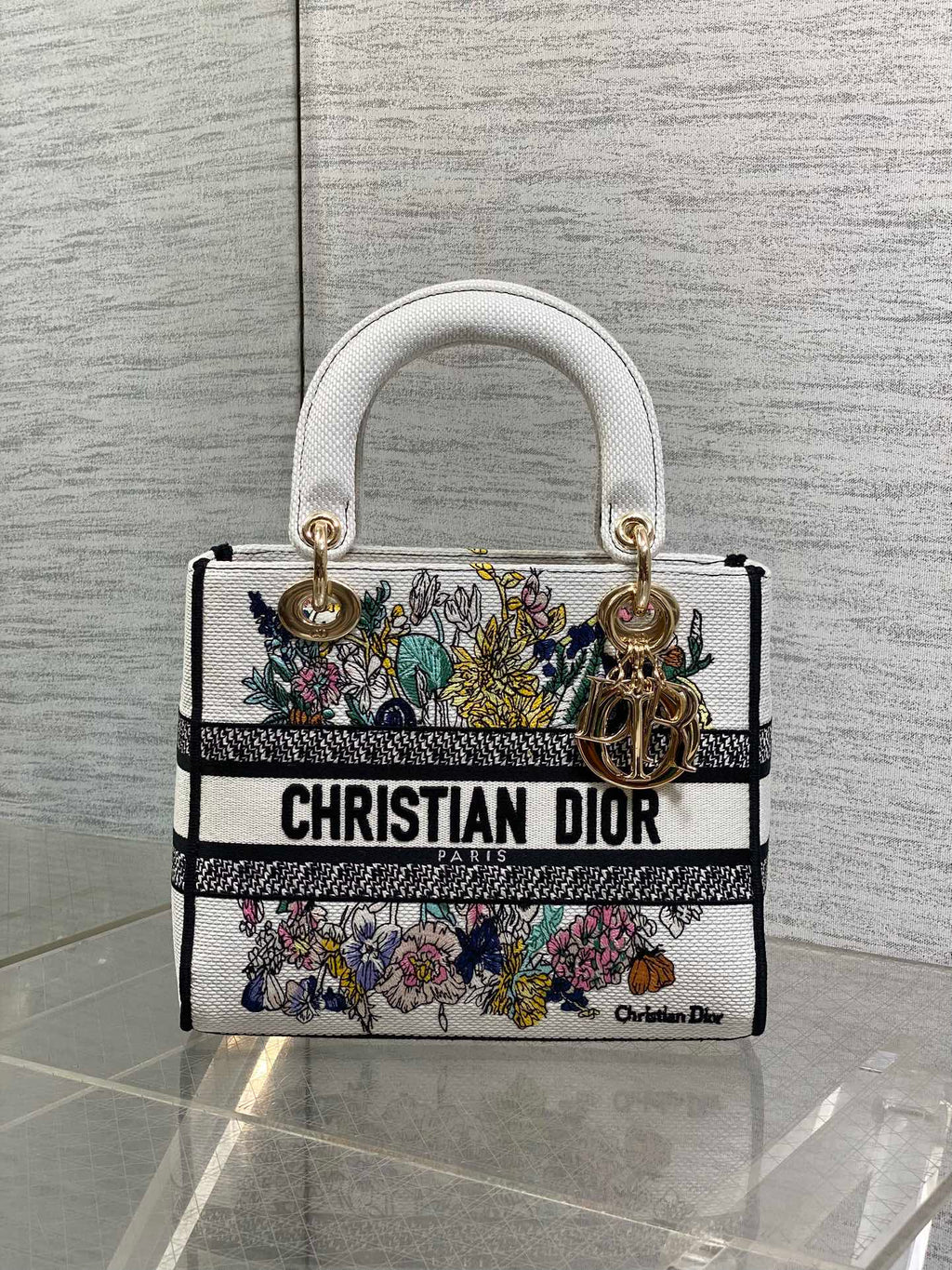 Dior 25S Small Lady D-Lite Bag 24 in White Flowers Calendar Allover Embroidery